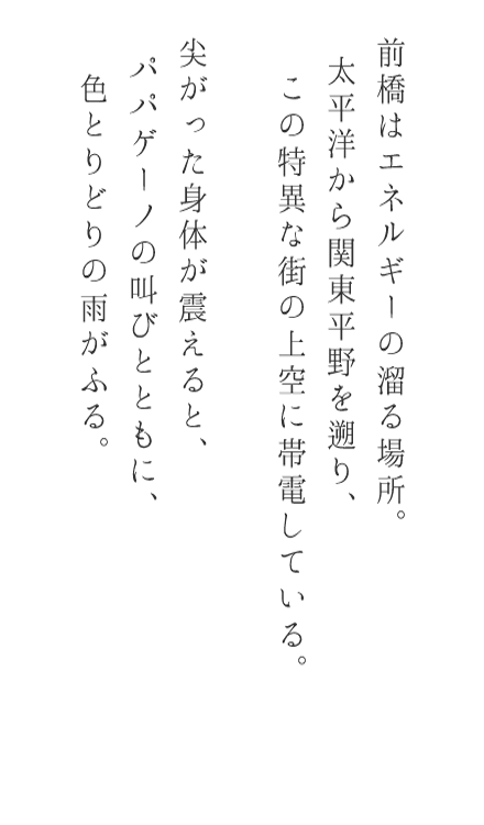 前橋はエネルギーの溜る場所。
太平洋から関東平野を遡り、
この特異な街の上空に帯電している。
尖がった身体が震えると、
パパゲーノの叫びとともに、
色とりどりの雨がふる。